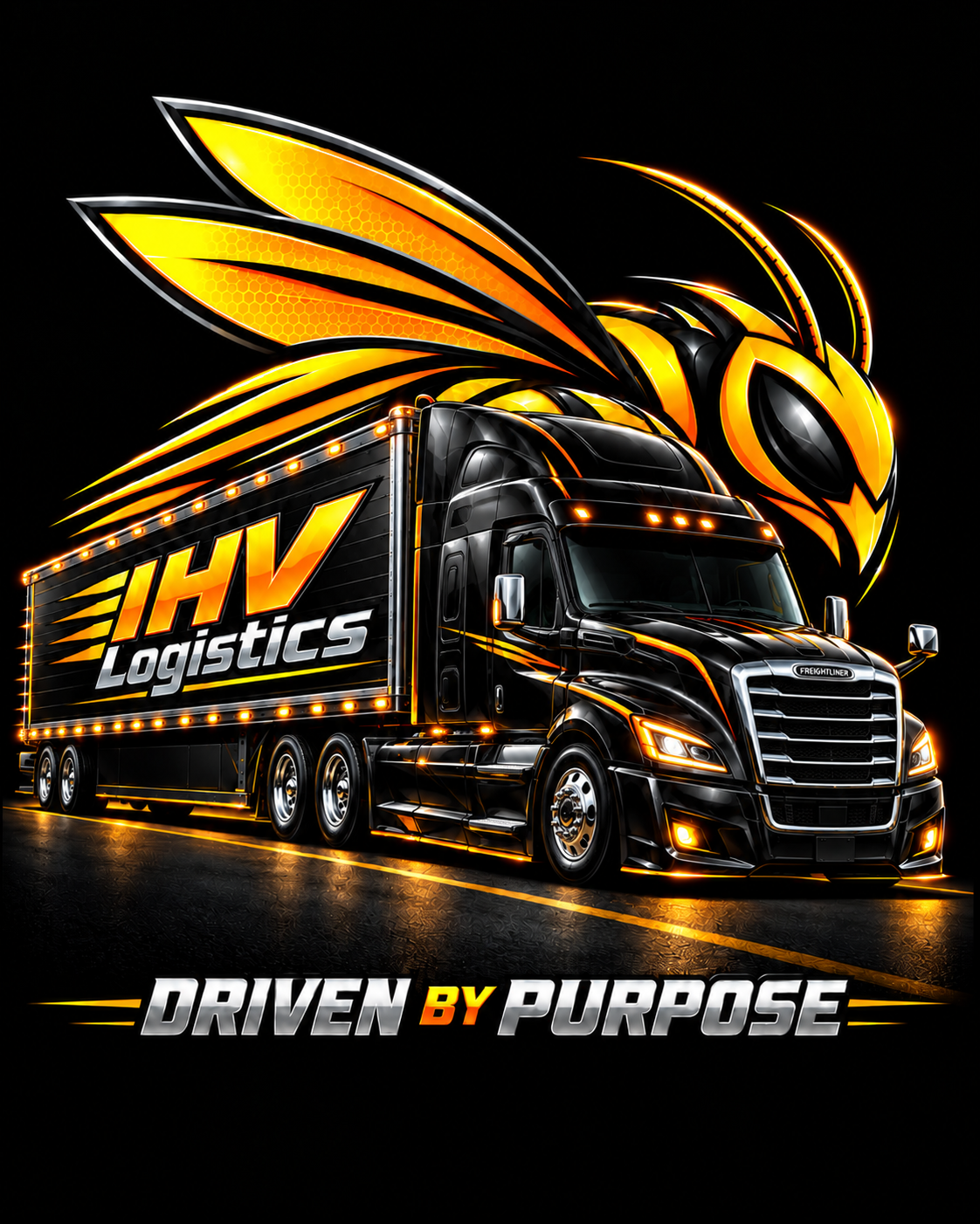IHV Logistics black Freightliner and orange-gold hornet artwork